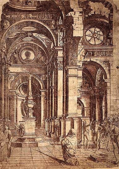 "Гравюра Преведари", сделанная по рисунку Браманте в 1481-м, за год до приезда да Винчи в Милан, доказывает, что Браманте сложился как мастер без влияния Леонардо 
